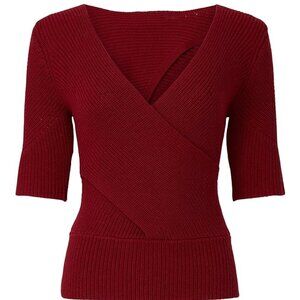 TOME Cris Cross Over  Front Short Sleeve Open Back Wool Blend Sweater Top Shirt